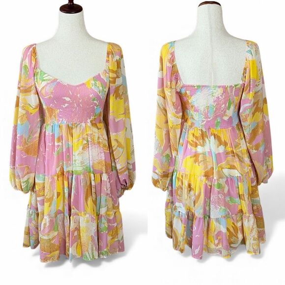 bohme Dresses & Skirts - Böhme Smocked Floral Mini Dress Small Pastel Long Sleeve Boho Tiered